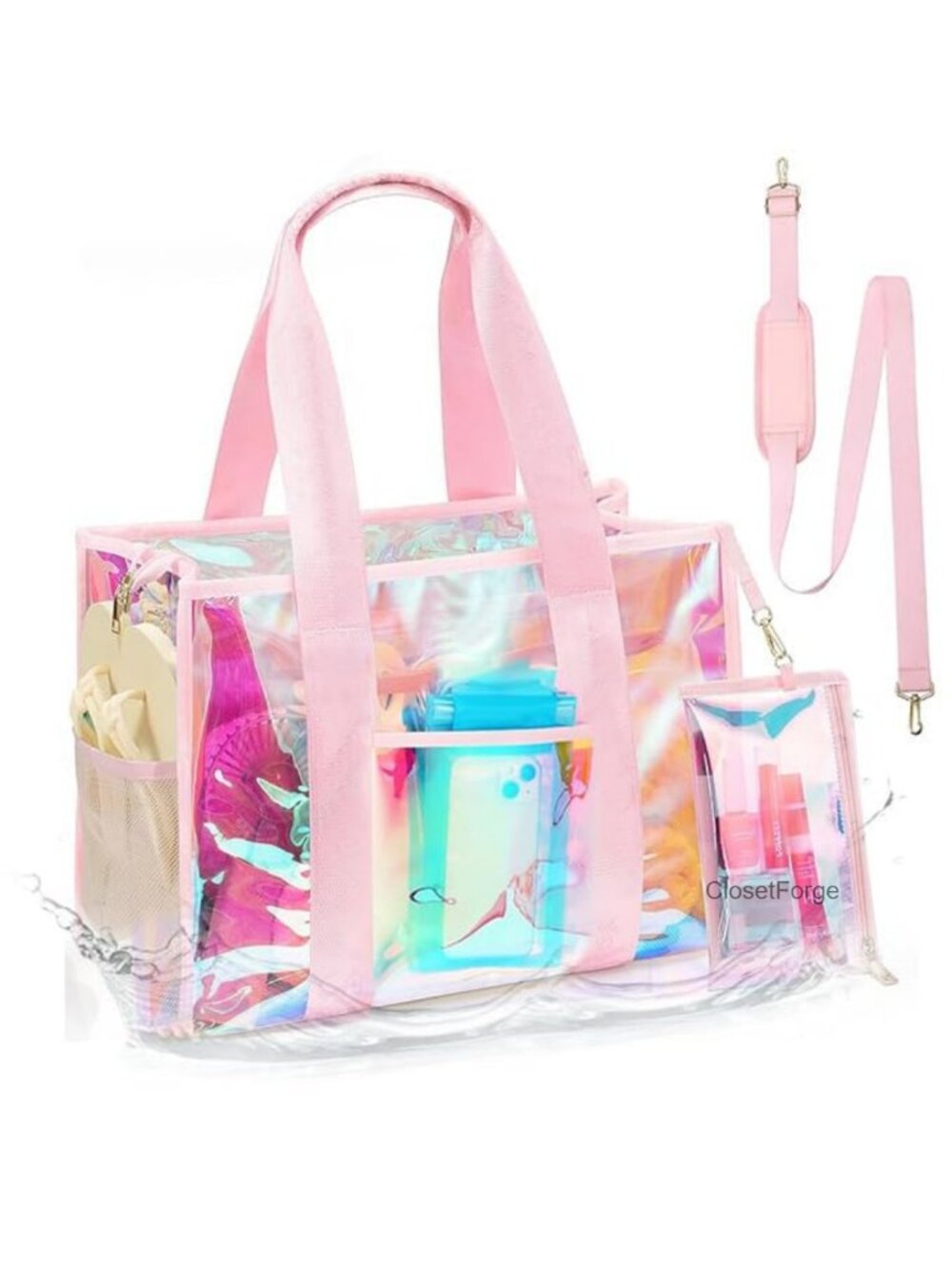 Large TPU Waterproof Tote Bag with Zipper, Iridescent Beach Bag, 3 Ways to Carry